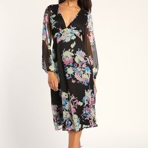 NWOT Lulus Sheer Black Floral Print Balloon Sleeve Lace-Up Back Midi Dress Small